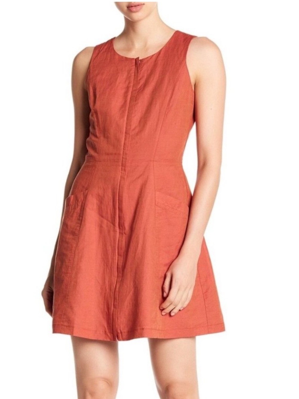Theory Bonza Rotuma Zip Front Linen Blend Tank Dress - Blood Orange Red Size 8